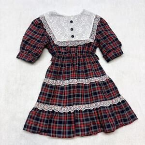 Vintage Jane Darling Lace Collar Ruffle Tiered Dress Red Navy Plaid Girls Size 5